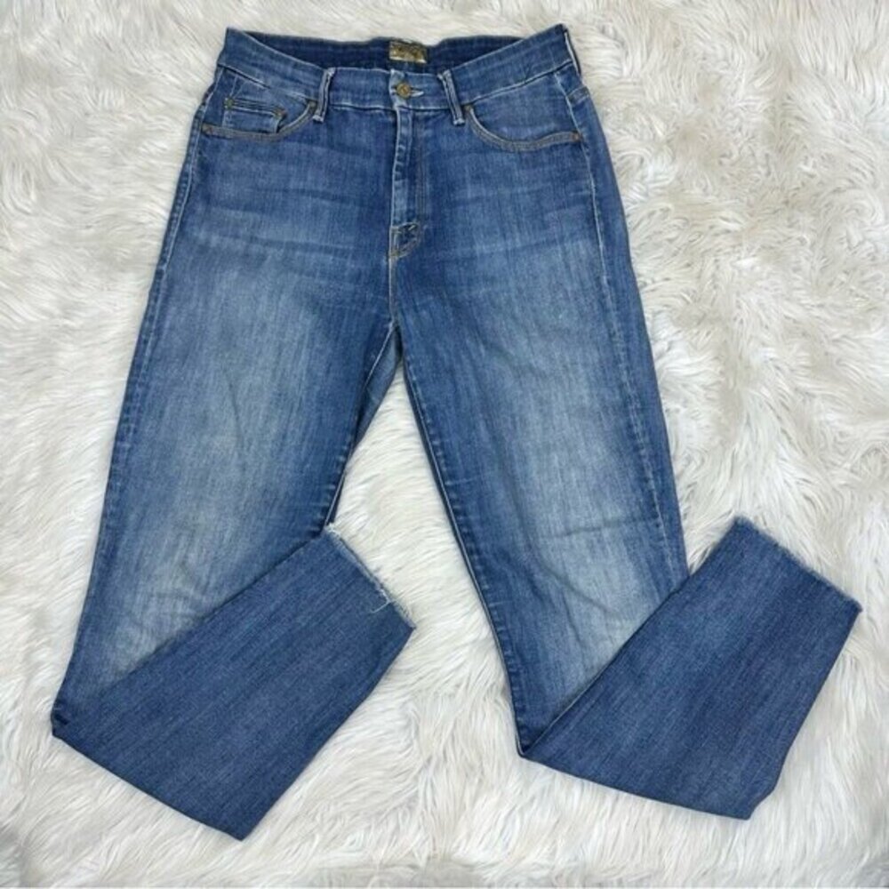 Mother High Waisted Looker Ankle Fray Jeans Not Rough Enough Blue Skinny 28